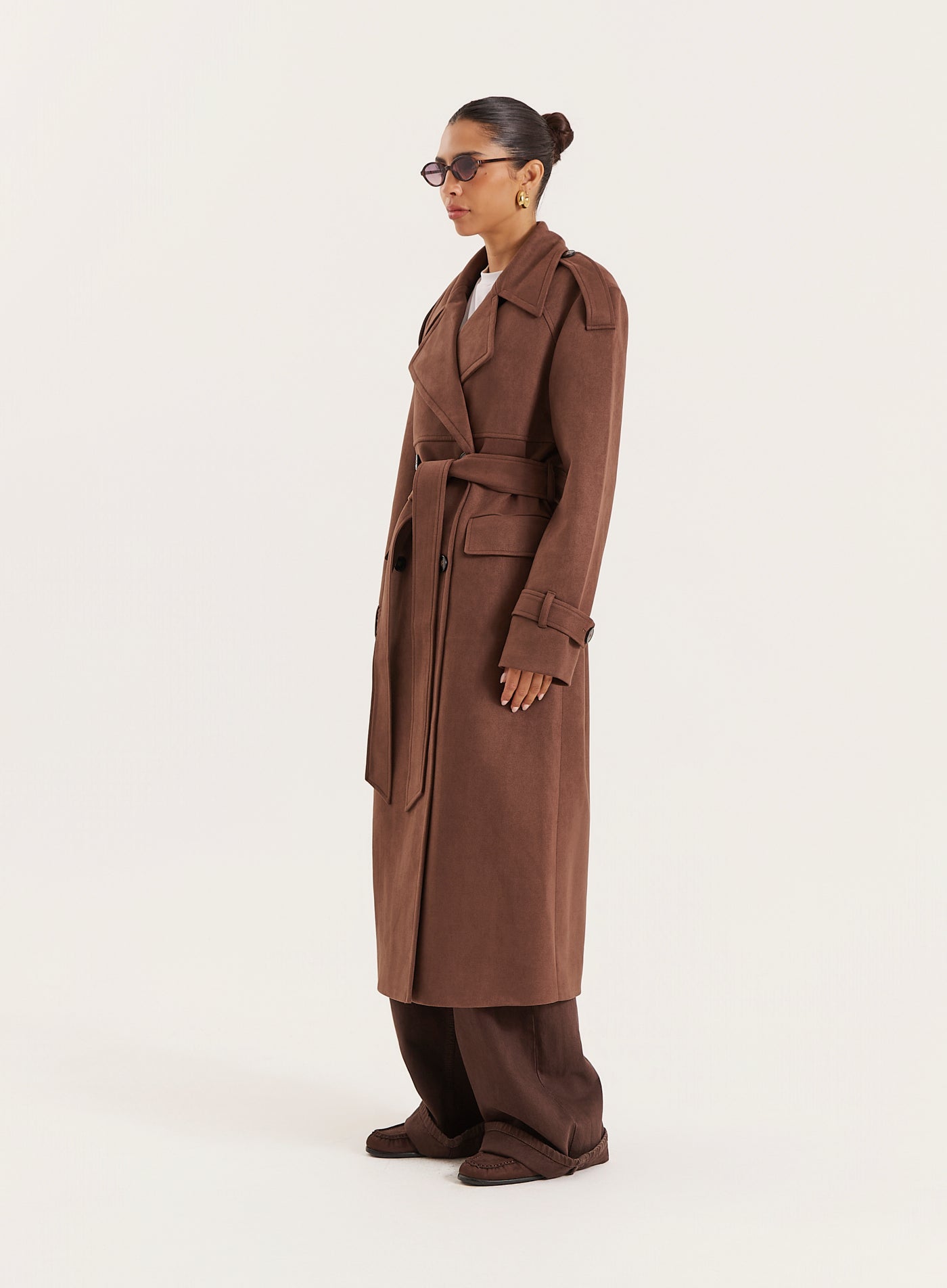 Brown Faux Suede Belted Longline Trench Coat